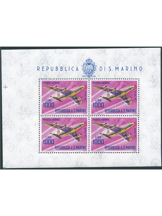 San Marino 1964 BF Aeroplane 1,000 £ with vertical perforation heavily offset to the left (6 mm) No. 25c Biondi Cert. Cat. €500 