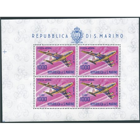 San Marino 1964 BF Aereo 1.000 £ con taglio verticale fortemente spostato a sinistra (6 mm.) n° 25c Cert. Biondi Cat. € 500 (**)
