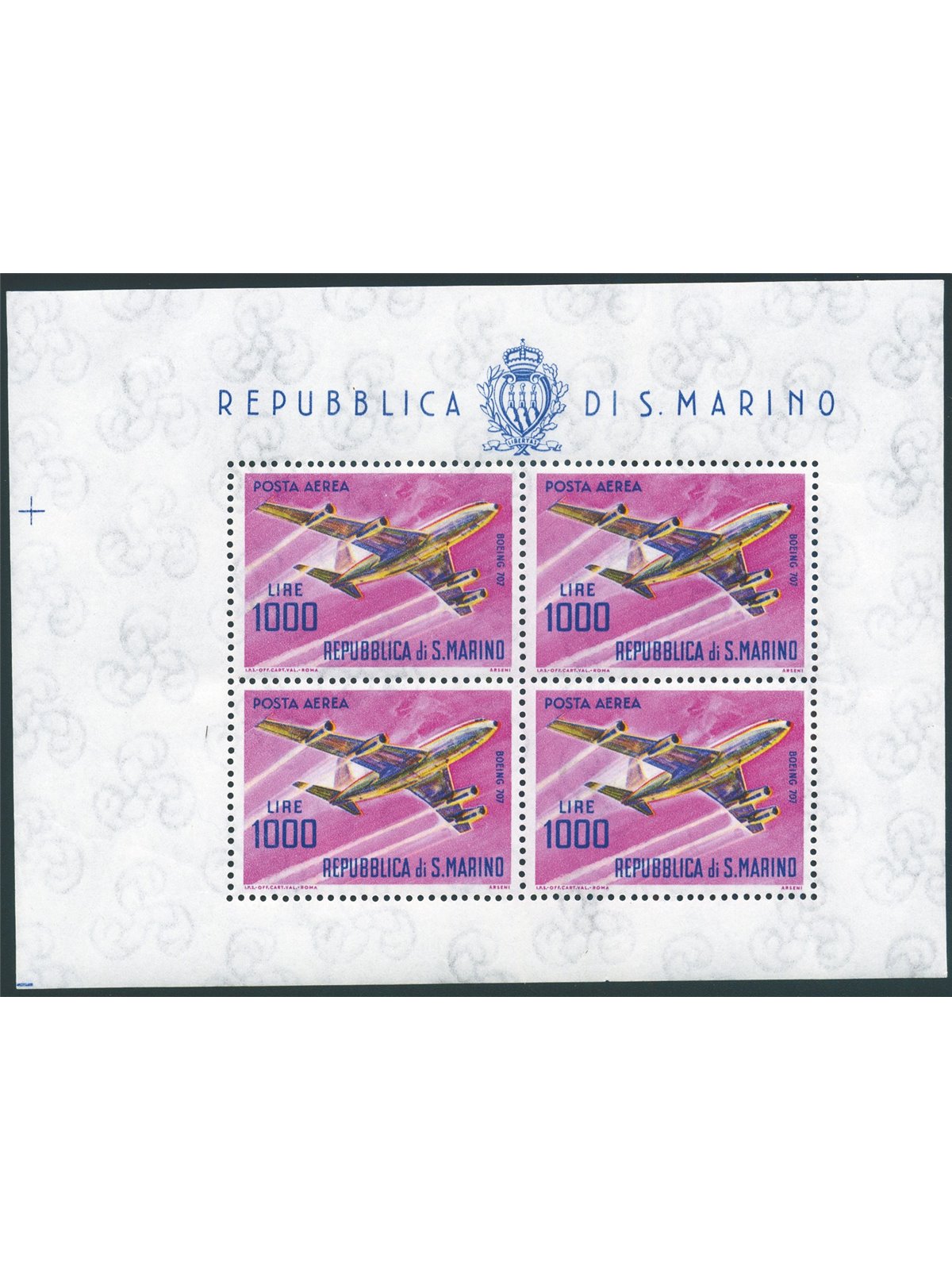San Marino 1964 BF Aeroplane 1,000 £ with vertical perforation heavily offset to the left (6 mm) No. 25c Biondi Cert. Cat. €500 
