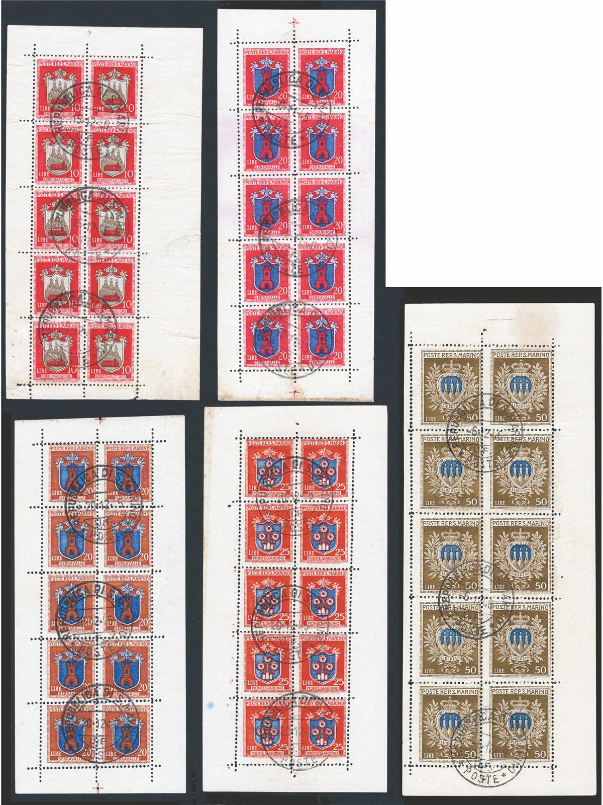 San Marino 1945/46 Mini-sheets Coats of Arms series No. 1/5 Cat. €1,320+ (U)