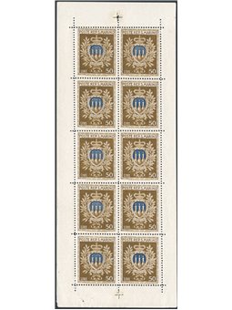 San Marino 1945/46 Minifogli Stemmi 50 £ oliva e oltremare n° 5 Cert. CiBaFil Cat. € 600 (**)