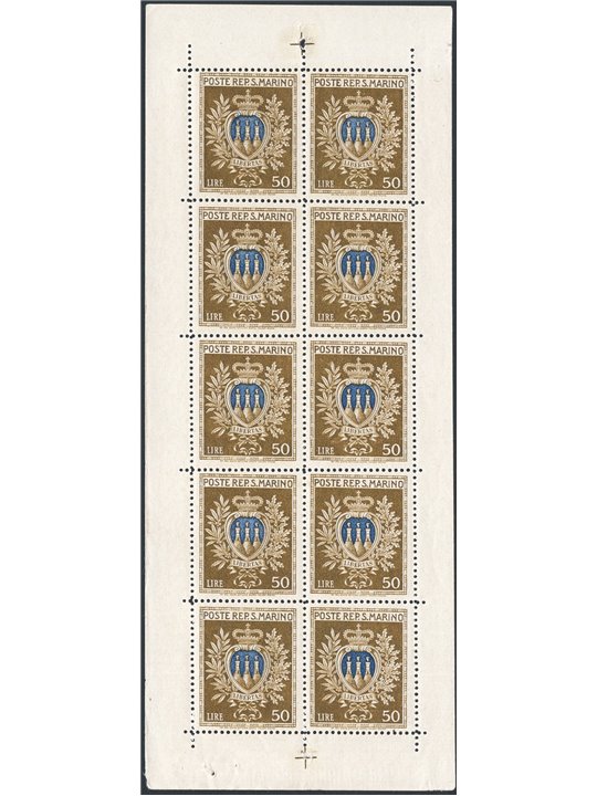 San Marino 1945/46 Minifogli Stemmi 50 £ oliva e oltremare n° 5 Cert. CiBaFil Cat. € 600 (**)