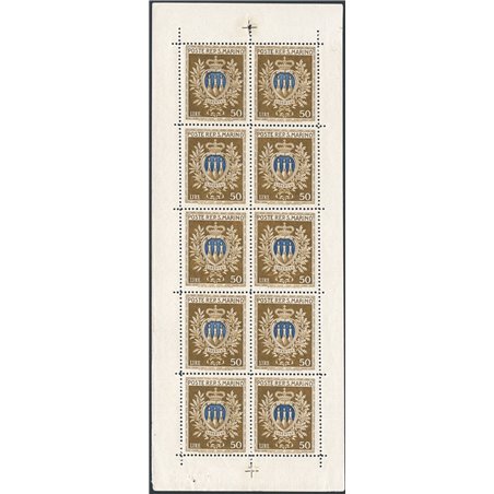 San Marino 1945/46 Minifogli Stemmi 50 £ oliva e oltremare n° 5 Cert. CiBaFil Cat. € 600 (**)