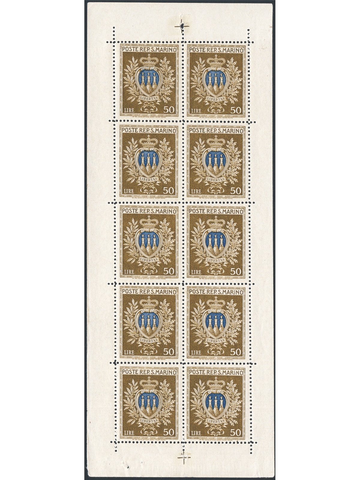 San Marino 1945/46 Minifogli Stemmi 50 £ oliva e oltremare n° 5 Cert. CiBaFil Cat. € 600 (**)