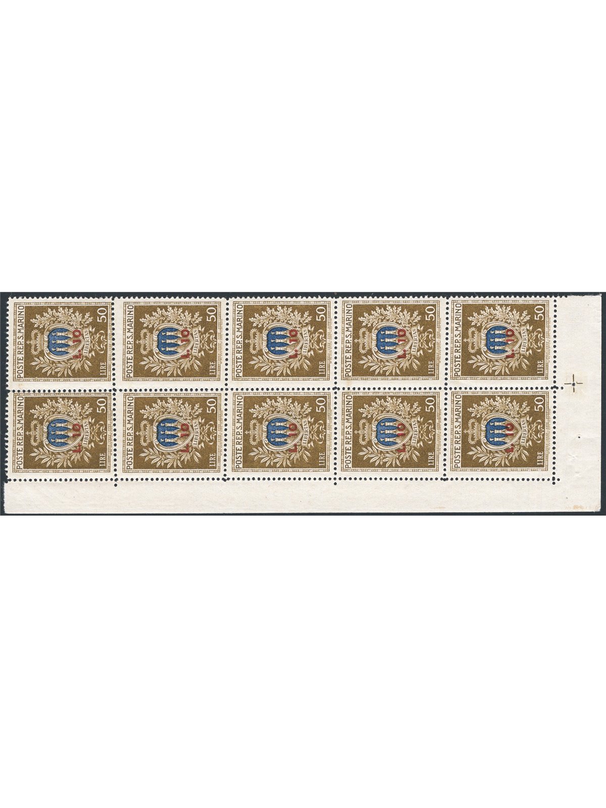 San Marino 1946 Minifoglio Pro Assistenza 10 £ su 50 £ n° 7 non piegato Cert. CiBaFil Cat. € 2.750 (**)