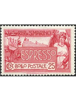 San Marino 1907 Espressi Allegoria 25 c. rosa carminio ottima centratura n° 1 Cert. Biondi Cat. € 450 (**)