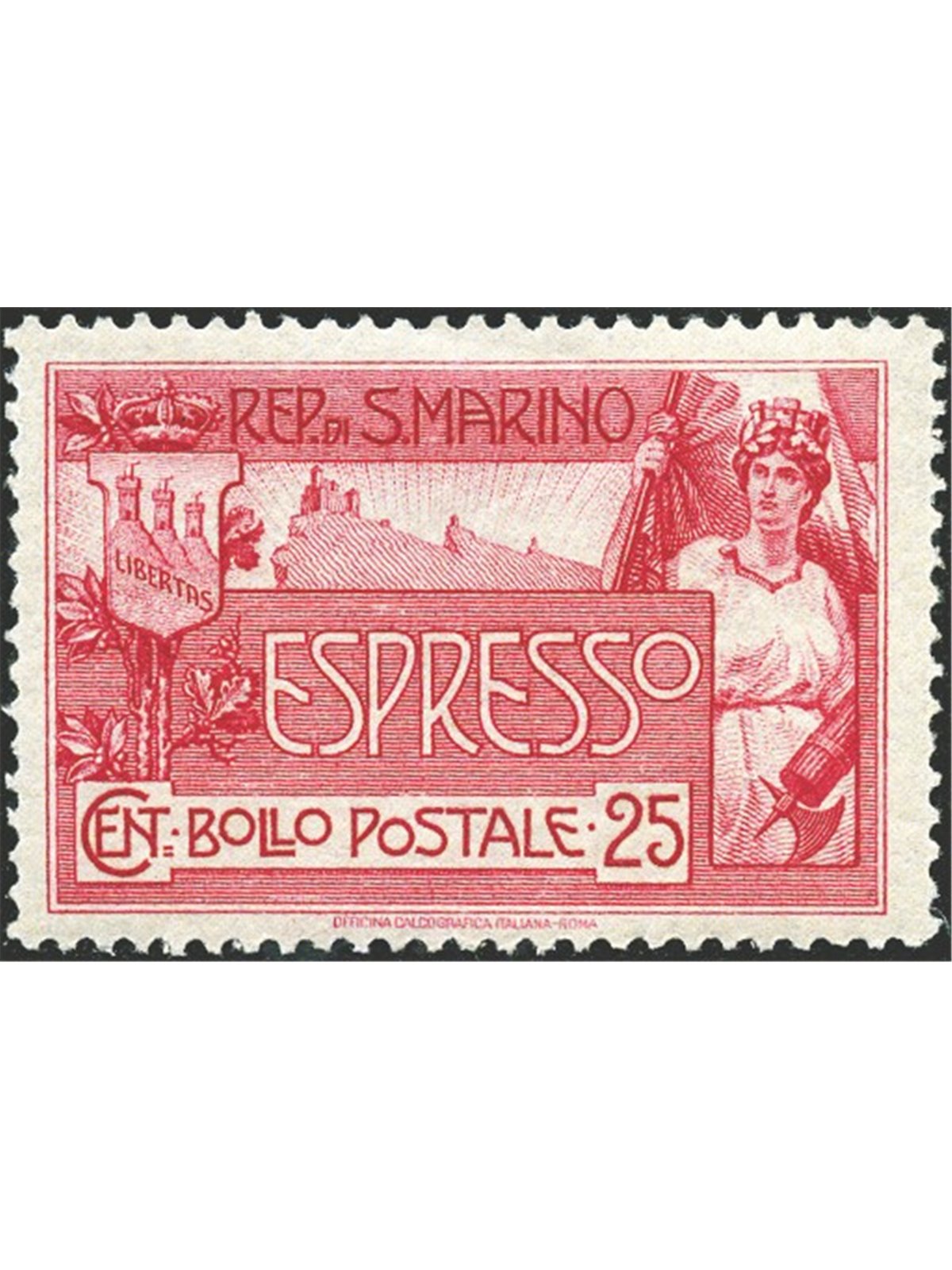 San Marino 1907 Express ‘Allegory’ 25 c. carmine pink excellent centring No. 1 Biondi certified Cat. €450 (**)