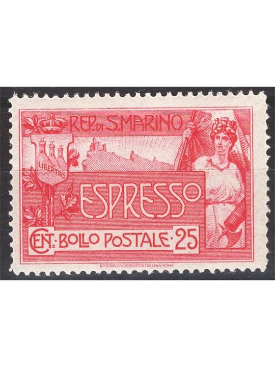 San Marino 1907 Espressi Allegoria 25 c. rosa carminio n° 1 Cat. € 162 (**)