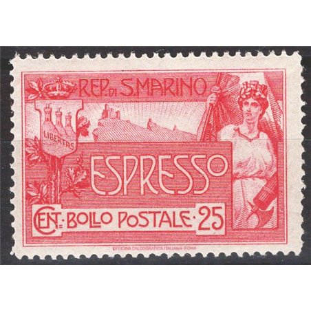 San Marino 1907 Express ‘Allegory’ 25 c. carmine pink No. 1 Cat. €162 (**)
