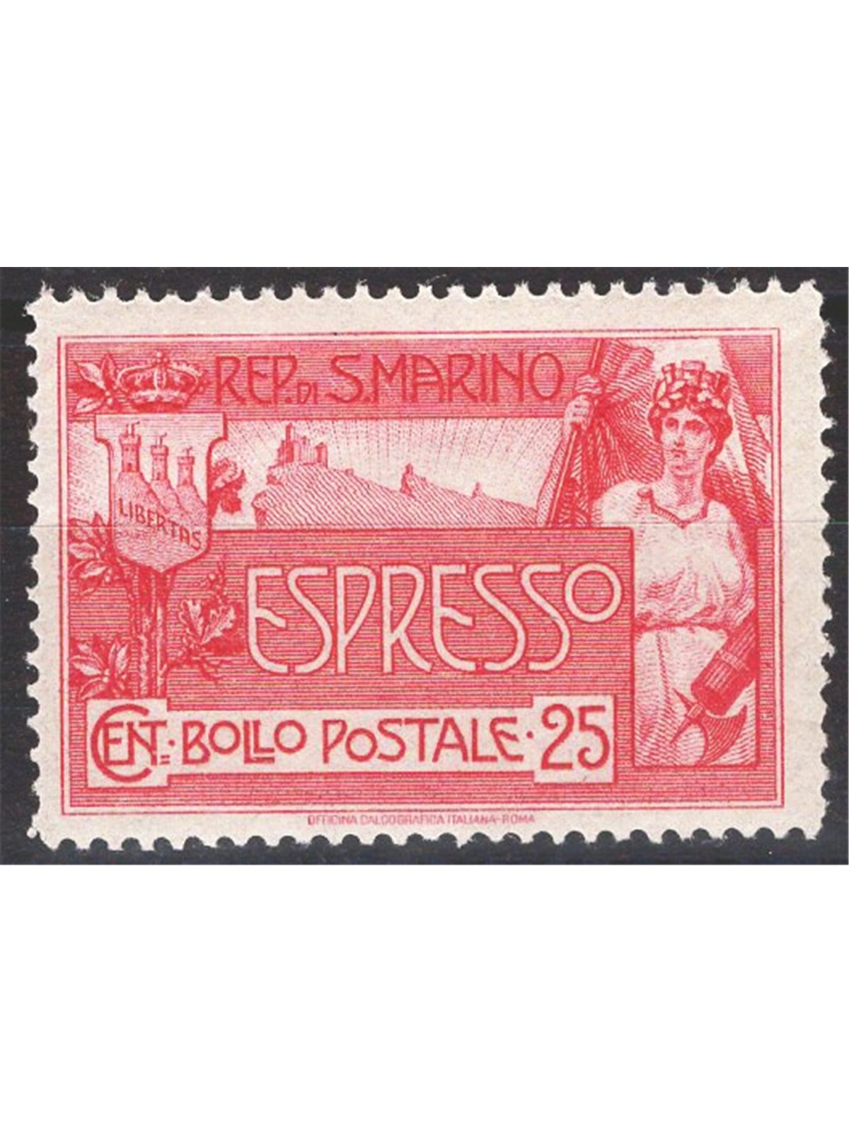 San Marino 1907 Express ‘Allegory’ 25 c. carmine pink No. 1 Cat. €162 (**)