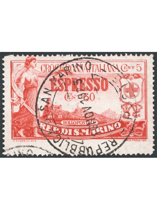 San Marino 1923 Express Post ‘For the Red Cross’ 60 c. carmine with lower perforation strongly shifted downwards + watermark let