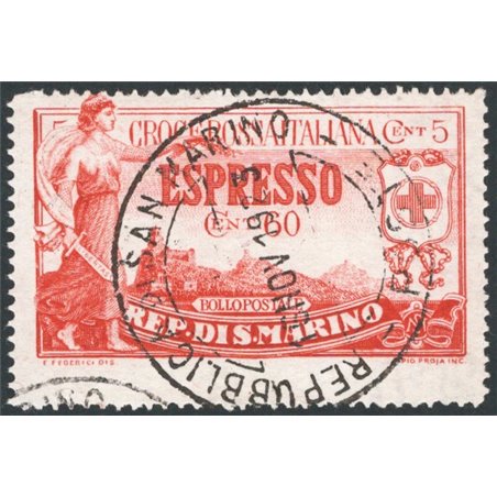 San Marino 1923 Espressi Pro Croce Rossa 60 c. carminio con dent. inferiore fortemente spostata in basso + filigrana lettere al 