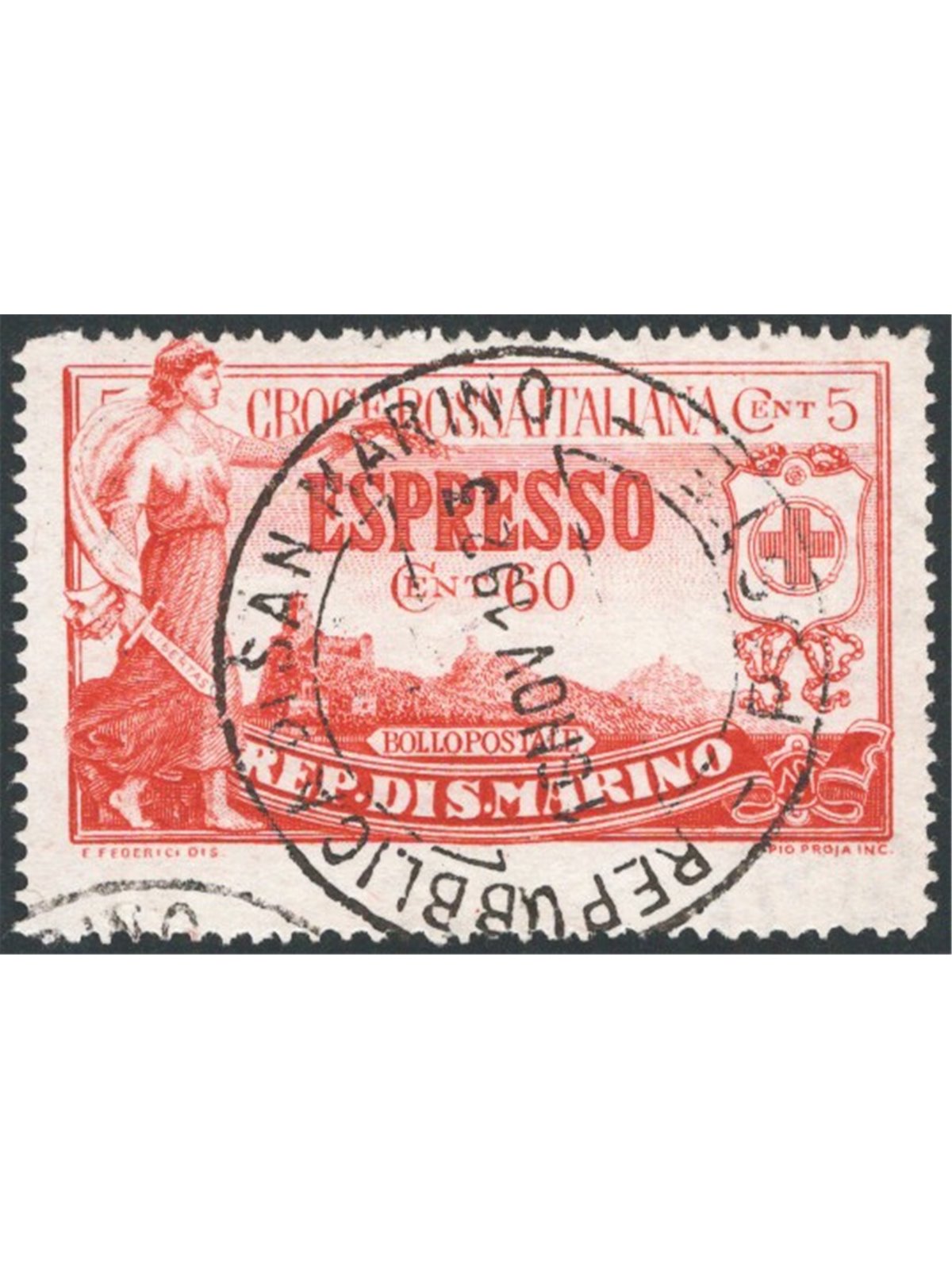 San Marino 1923 Express Post ‘For the Red Cross’ 60 c. carmine with lower perforation strongly shifted downwards + watermark let