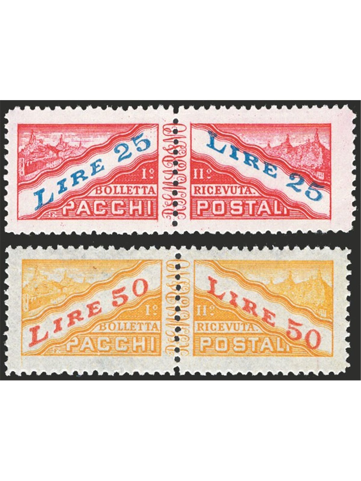 San Marino 1946 Postal parcels numeric mark and view 25 £ + 50 £ series no. 31/32 Cat. € 180 (**)
