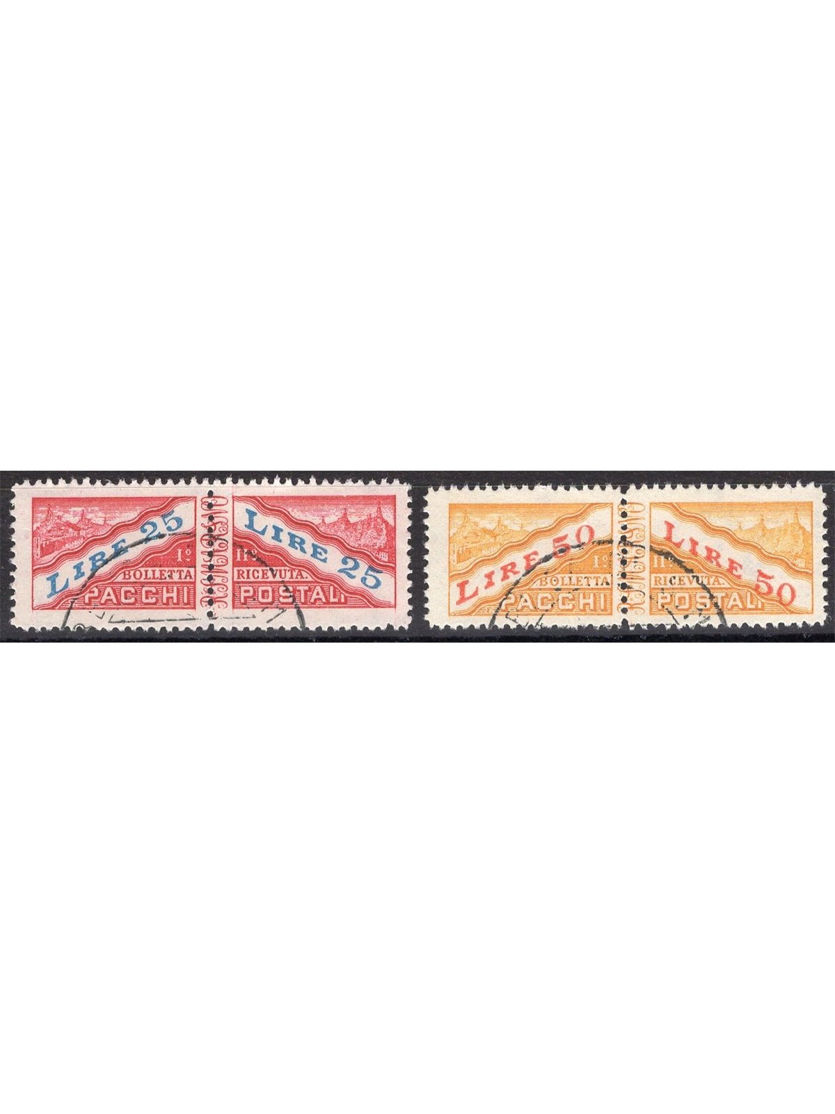 San Marino 1946 Postal parcels numeric mark and view 25 £ + 50 £ series no. 31/32 Cat. € 125 (U)