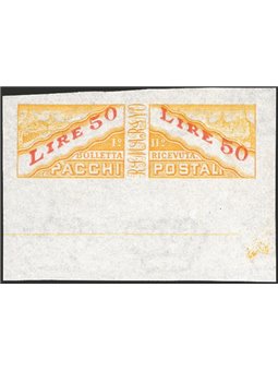 San Marino 1946 Pacchi postali cifra e veduta 50 £ giallo e rosso non dentellato n° 32a Cert. Raybaudi Cat. € 1.500 (**)