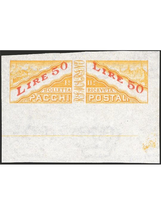 San Marino 1946 Postal parcels numeric and scenic 50 £ yellow and red imperforated No. 32a Raybaudi Cert. Cat. € 1,500 (**)
