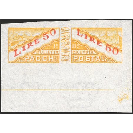 San Marino 1946 Pacchi postali cifra e veduta 50 £ giallo e rosso non dentellato n° 32a Cert. Raybaudi Cat. € 1.500 (**)