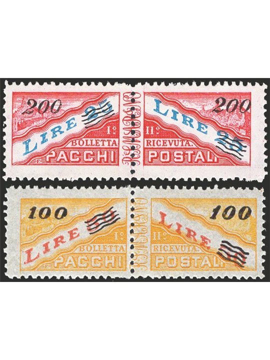 San Marino 1948/50 Pacchi postali alti valori con soprast. del nuovo valore 100 £ su 50 giallo e rosso e 200 £ su 25 carminio ed