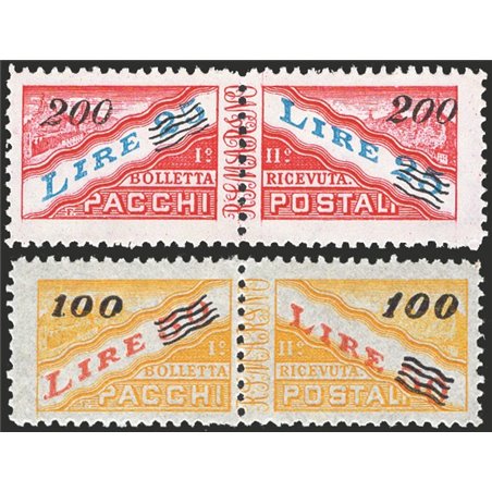 San Marino 1948/50 Pacchi postali alti valori con soprast. del nuovo valore 100 £ su 50 giallo e rosso e 200 £ su 25 carminio ed
