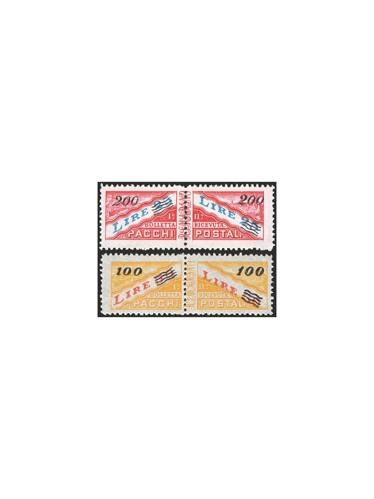 San Marino 1948/50 Pacchi postali alti valori con soprast. del nuovo valore 100 £ su 50 giallo e rosso e 200 £ su 25 carminio ed