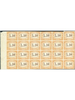 San Marino 1925 Segnatasse cifra 10 £ arancio prova di macchina non dent. e senza filigrana blocco di 24 proveniente dall'unico 