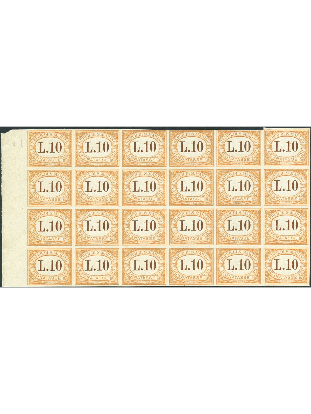 San Marino 1925 Segnatasse cifra 10 £ arancio prova di macchina non dent. e senza filigrana blocco di 24 proveniente dall'unico 