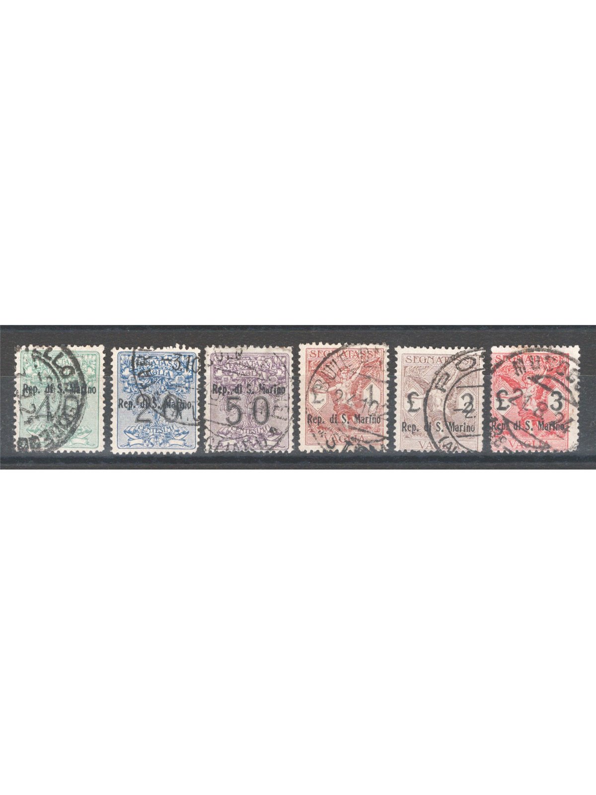 San Marino 1924 Segnatasse vaglia con soprast. “Rep. Di S. Marino” serie n° 1/6 Cert. Apicella Cat. € 6.650 (U)