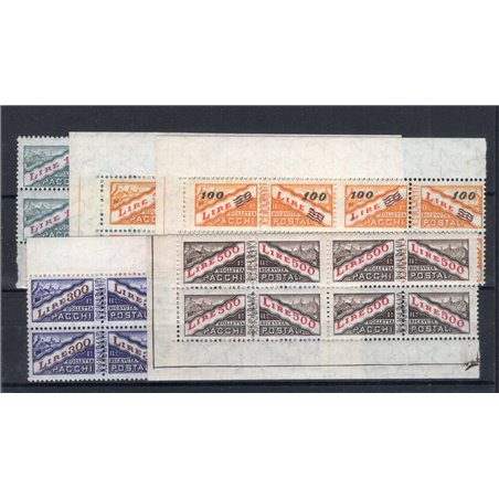 San Marino 1956/61 Pacchi postali cifra e veduta con filigrana stelle in quartina serie n° 37/41 Cat. € 300+ (**)