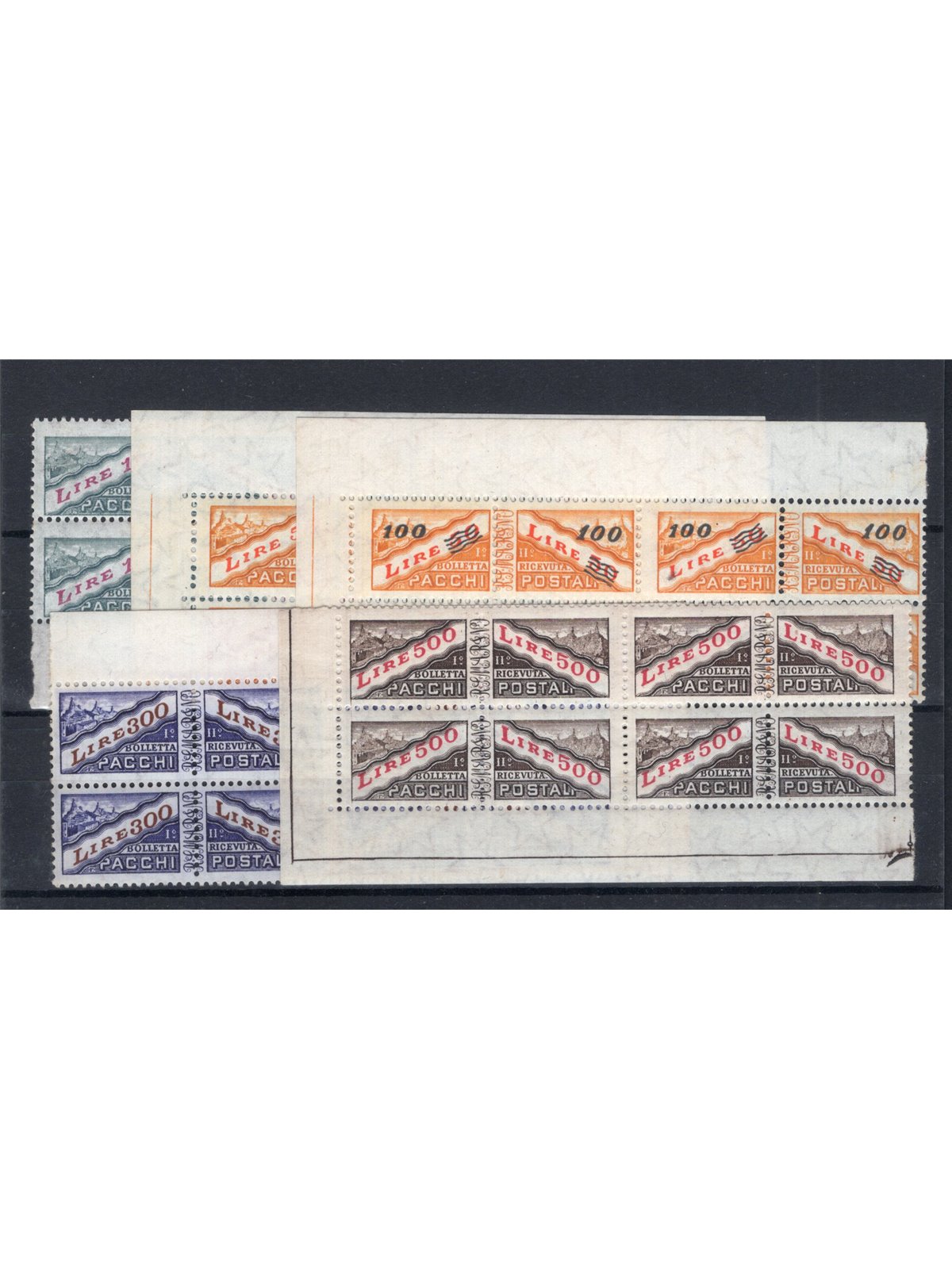 San Marino 1956/61 Postal parcels numeric mark and scenery with star watermark in a block of four series no. 37/ 41 Cat. €300+ (