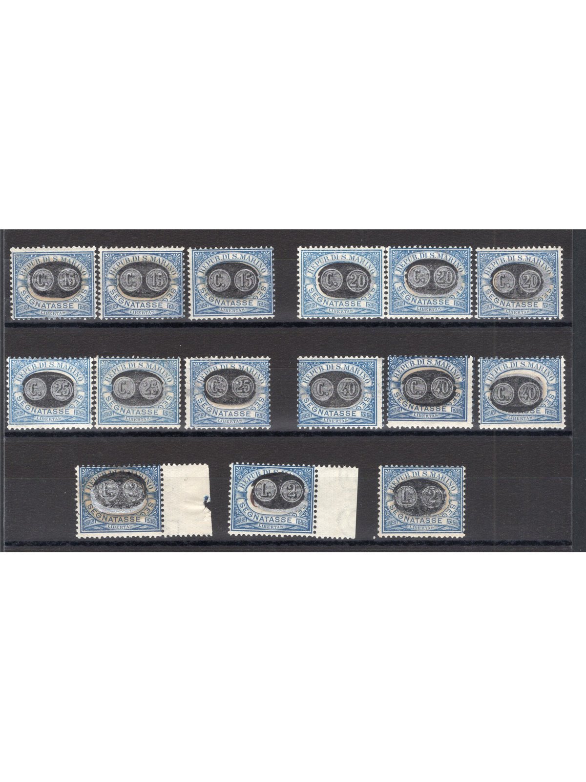 San Marino 1931 Segnatasse del 1925 con soprast. in nero ed arancio dei nuovi valori serie detta “mascherine” serie n° 32/46. Fi