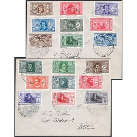 Italia Regno 14/3/1932 2 Lettere filateliche affrancate con serie "Pro Società Dante Alighieri" n° 303/14 + P.A. 26/31 annullate