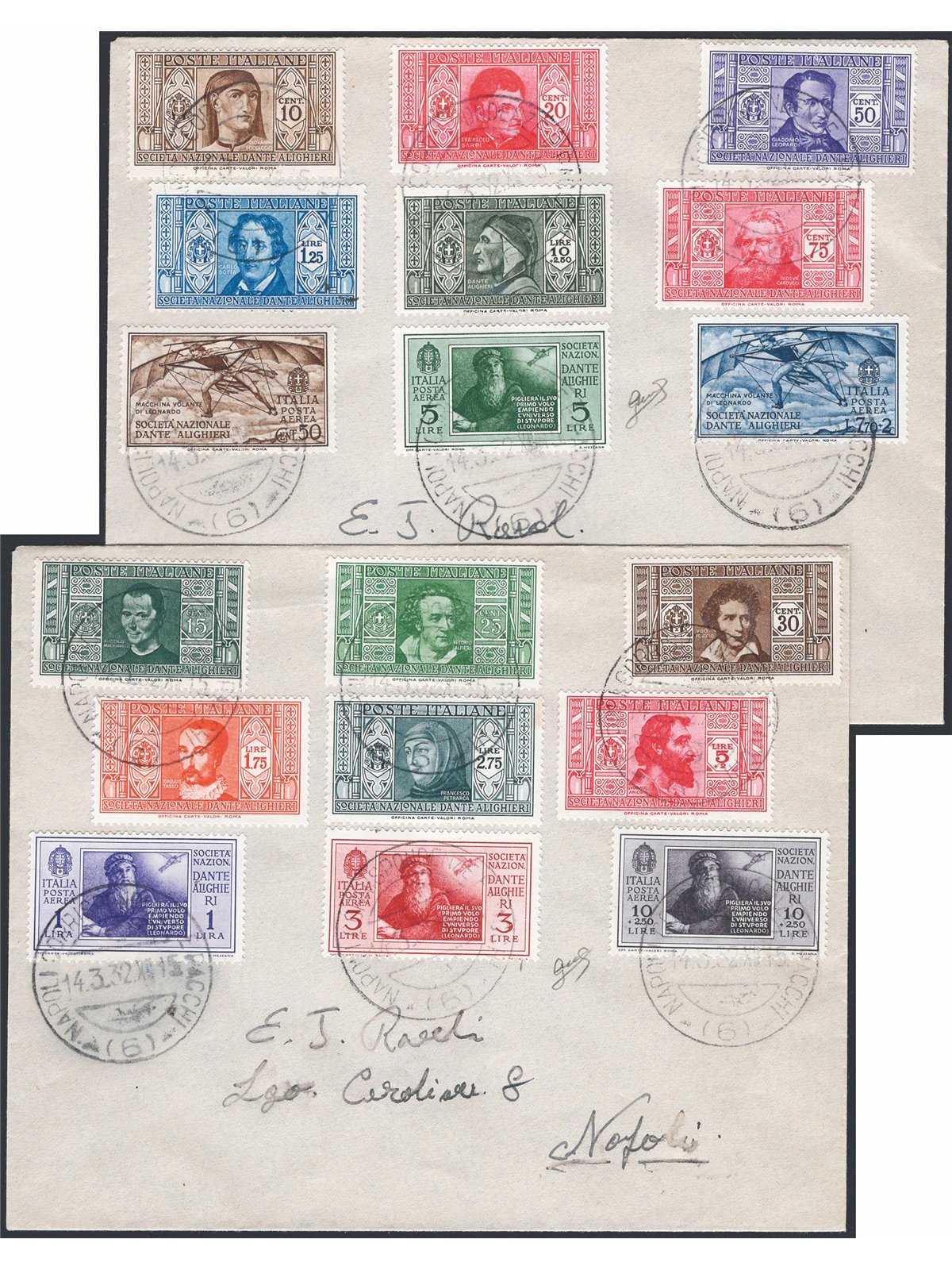 Kingdom of Italy 14/3/1932 2 philatelic letters franked with the ‘Pro Società Dante Alighieri’ series no. 303/14 + P.A. 26/ 31 c