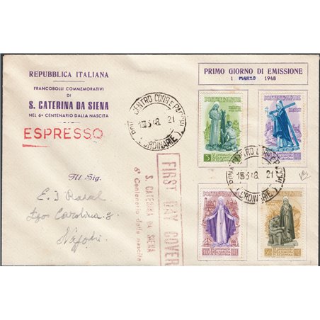 Italia Repubblica 1/3/1948 Lettera espresso da Roma per Napoli affrancata con serie “Santa Caterina” di posta ordinaria n° 574/7
