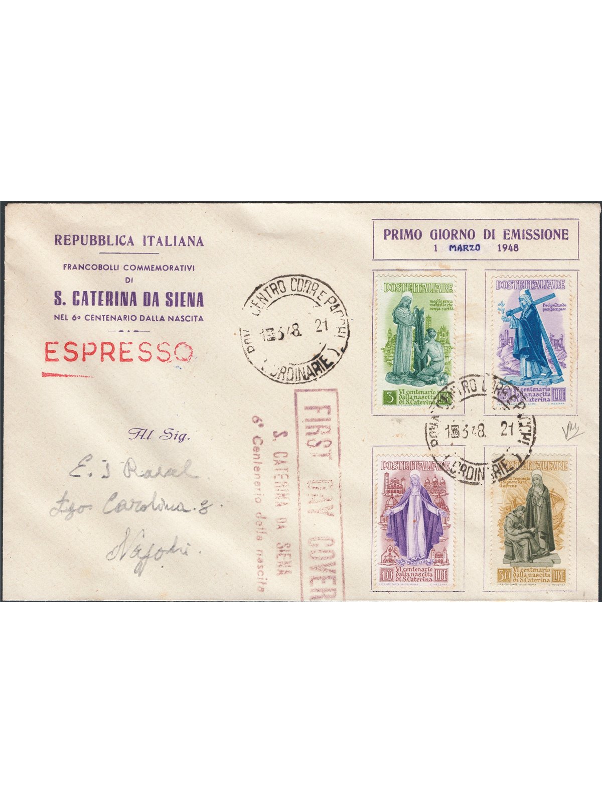 Italy (Republic) 1/3/1948 Express letter from Rome to Naples franked with the “Santa Caterina” ordinary post series No. 574/77 c