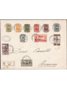 San Marino 30/9/1923 Assicurata da San Marino per Rimini affrancata filatelicamente con 50 c. Bandiera di Arbe + 30 c. Scapellin