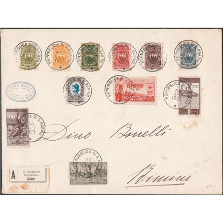 San Marino 30/9/1923. Registered post from San Marino to Rimini philatelically franked with 50 c. Flag of Arbe + 30 c. Scapellin