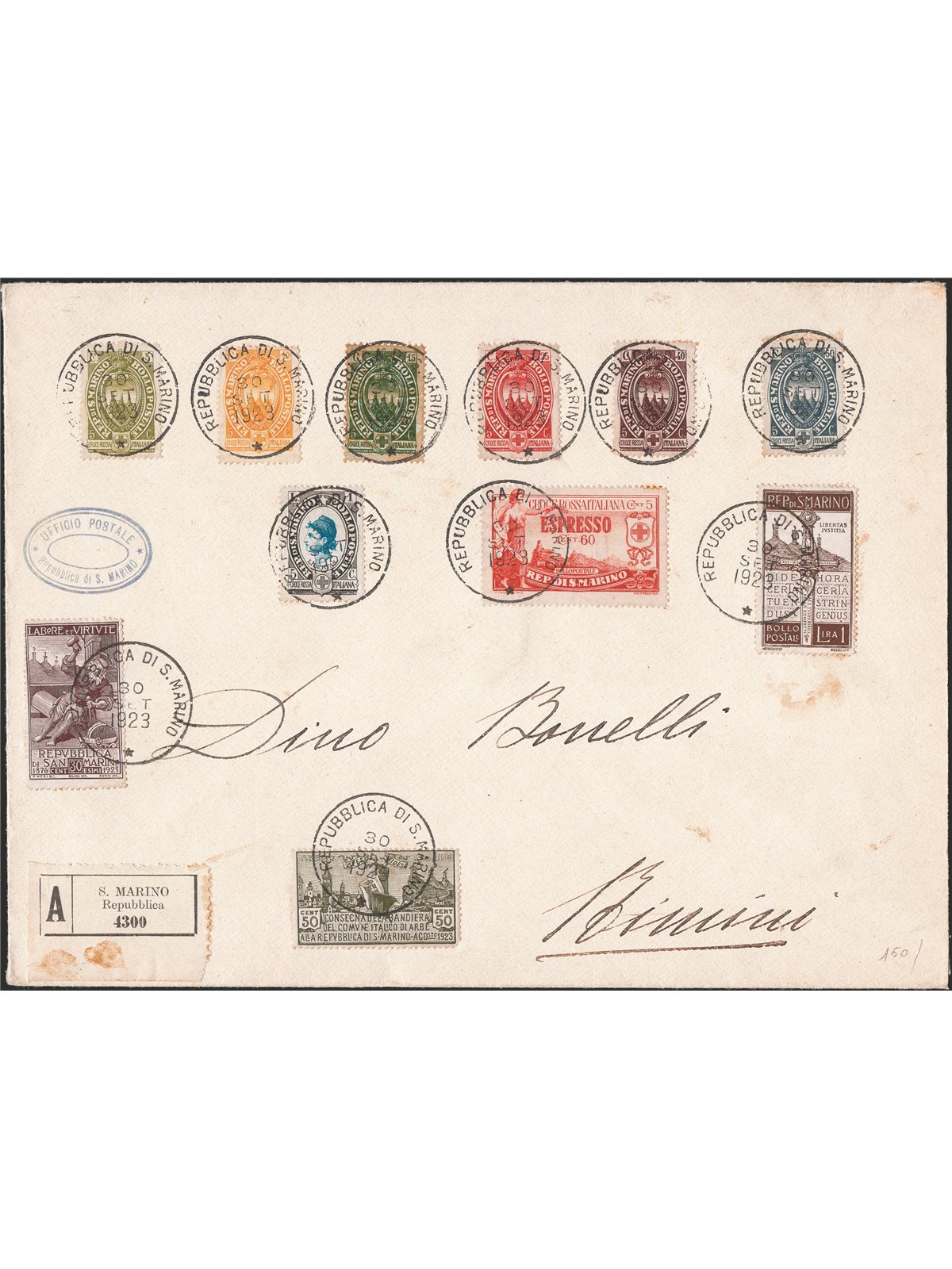 San Marino 30/9/1923 Assicurata da San Marino per Rimini affrancata filatelicamente con 50 c. Bandiera di Arbe + 30 c. Scapellin