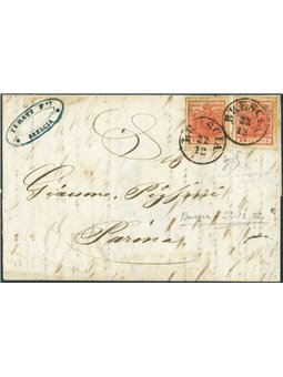 Antichi Stati Lombardo Veneto 22/12/1852 Lettera da Brescia per Parma affrancata con due esemplari del 15 c. II tipo I sottotipo