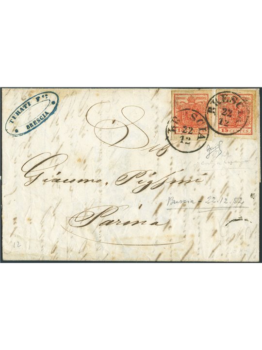 Ancient States of Lombardy-Venetia 22/12/1852 Letter from Brescia to Parma franked with two 15 c. stamps Type II Subtype I (verm