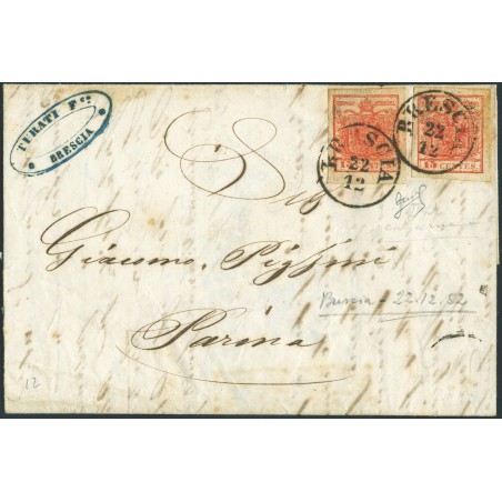 Ancient States of Lombardy-Venetia 22/12/1852 Letter from Brescia to Parma franked with two 15 c. stamps Type II Subtype I (verm