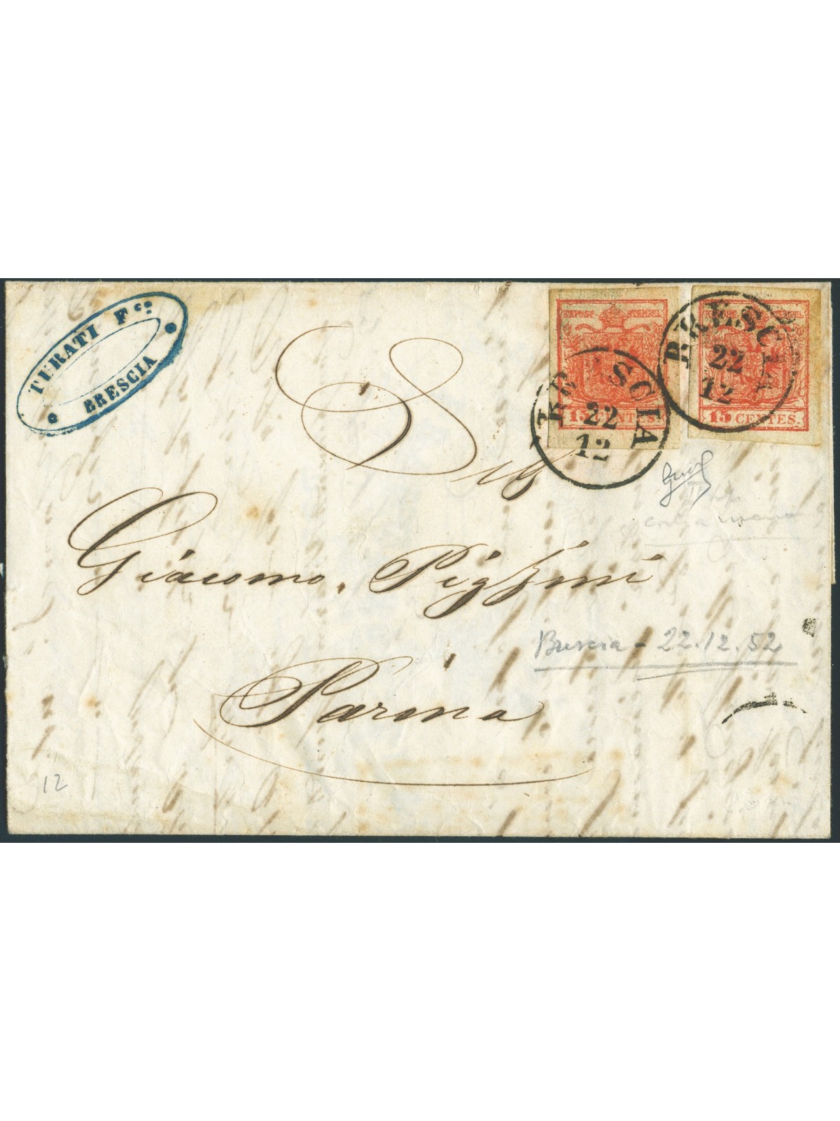 Antichi Stati Lombardo Veneto 22/12/1852 Lettera da Brescia per Parma affrancata con due esemplari del 15 c. II tipo I sottotipo