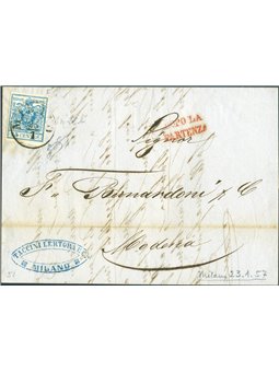 Lombardy-Venetia 1857 Letter 45c Type III rare RED cancellation Cert. Biondi