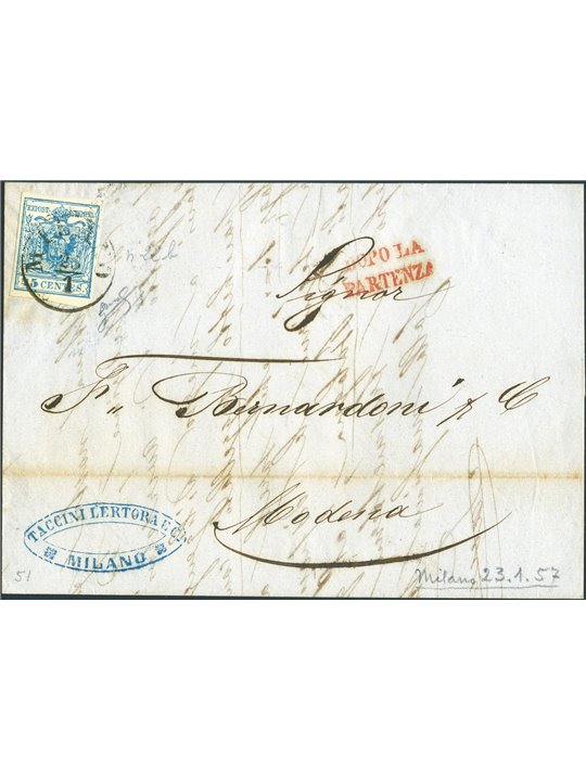 Lombardo Veneto 1857 Lettera 45c tipo III raro annullo ROSSO Certif. Biondi