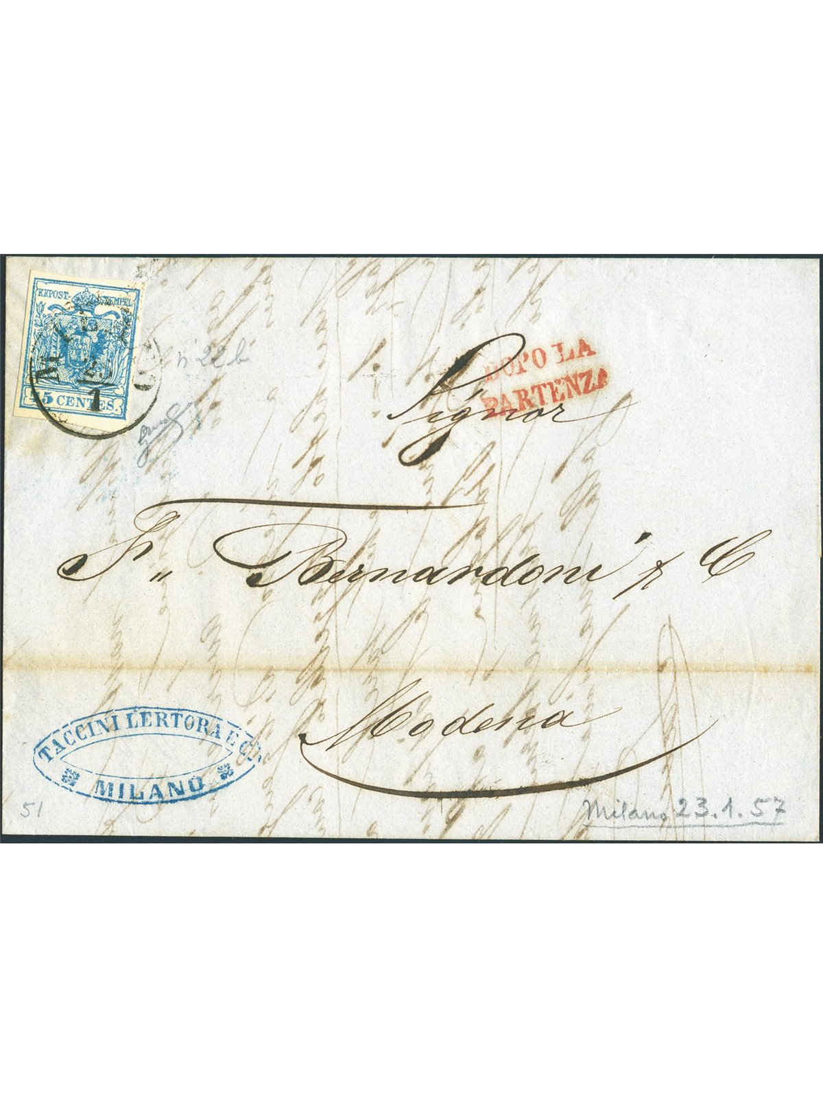 Lombardy-Venetia 1857 Letter 45c Type III rare RED cancellation Cert. Biondi