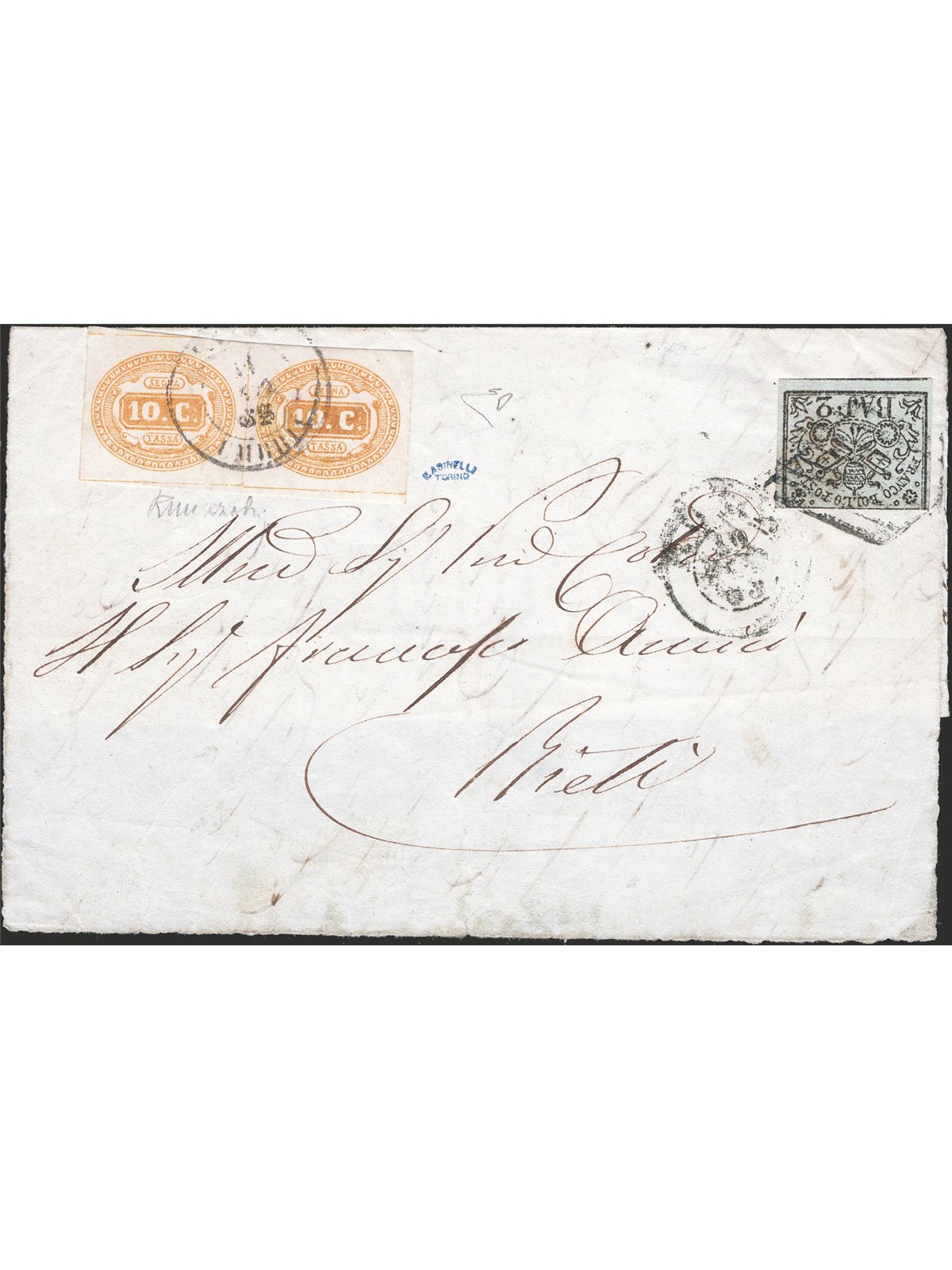 Pontificio+Regno 1863 frontespizio 2baj + Segnatasse n.1  del Regno. Firm.ED