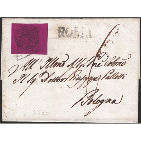 Antichi Stati Pontificio 14/12/1867 Piego di lettera da Roma per Bologna affrancata con 20 c. angolo di foglio n° 18. Al verso t
