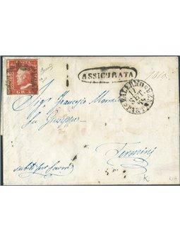 Antichi Stati Italiani 17/9/1859 Lettera assicurata da Palermo per Termini (Imerese) affrancata con 5 gr. rosa carminio I tavola
