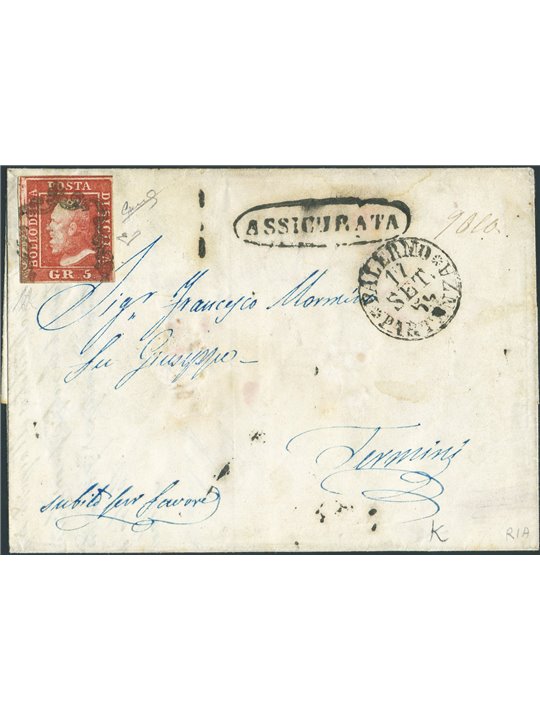 Antichi Stati Italiani 17/9/1859 Lettera assicurata da Palermo per Termini (Imerese) affrancata con 5 gr. rosa carminio I tavola