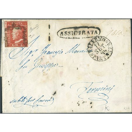 Antichi Stati Italiani 17/9/1859 Lettera assicurata da Palermo per Termini (Imerese) affrancata con 5 gr. rosa carminio I tavola